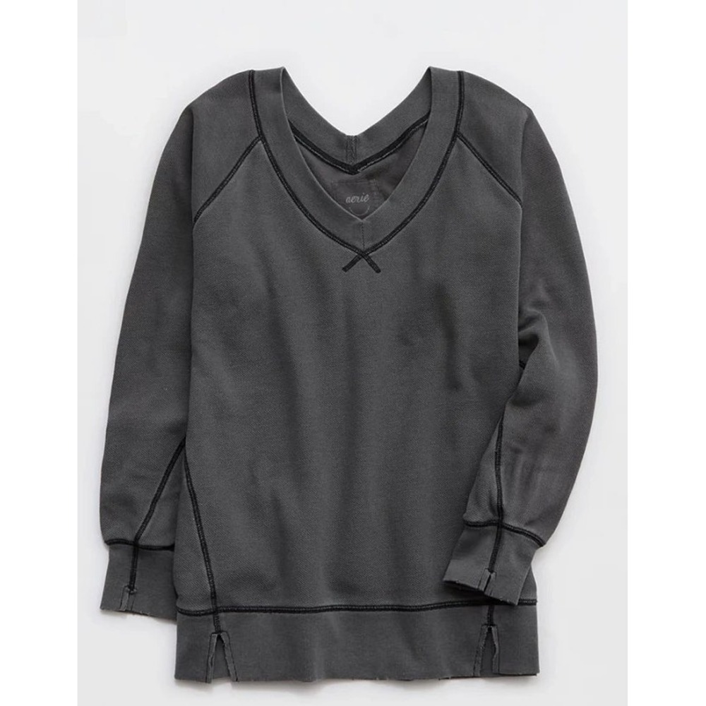 Aerie Waffle Knit V-Neck Sweatshirt Charcoal Gray Oversized Pullover Medium